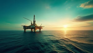 zoomed out pov shot of a Oil plattform in the north sea during sunrise-1